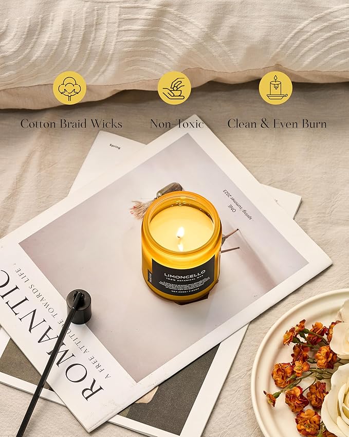 M&SENSE Limocello Summer Scented Candle, 7.05oz 50 Hours Long Lasting Burn Non Toxic Natural Soy Wax Lemon Highly Scented for Home Decor, 2 Wick Relaxing Candle Gifts for Yoga Spa Meditation-Ruum Studio Home