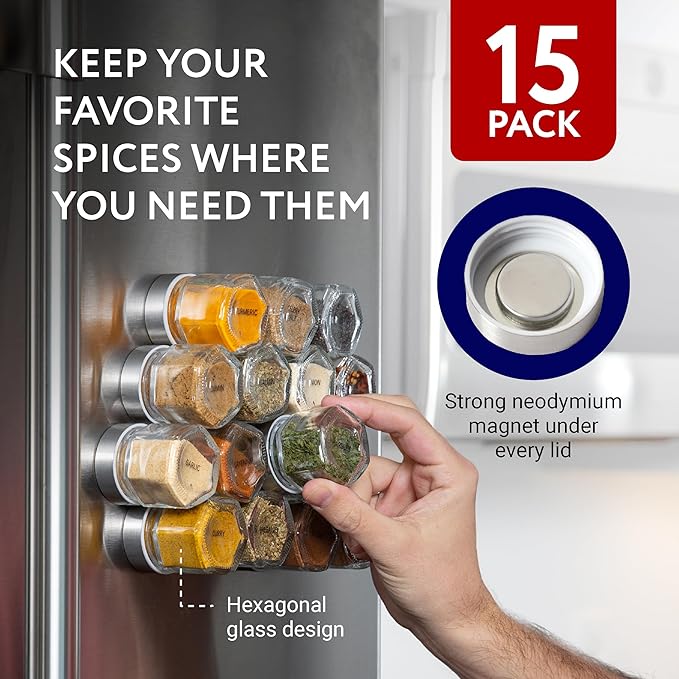 IMPRESA Hexagon Magnetic Spice Jars - 15 Pack 1.74 oz Glass Jars With Stainless Steel Lids - Airtight Magnetic Seasoning Containers & Space-Saving Honeycomb Fridge Magnets - 60 Preprinted Labels-Ruum Studio Home