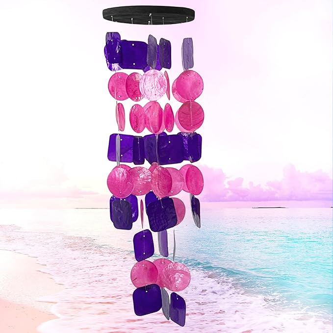 Bellaa 24841 Wind Chimes Outdoor, Garden Decorations, Musical, Indoor/Outside Windchimes, Beach, Ocean Breeze, Gifts for Mom, Gift for All Occasions, Capiz Sea Glass Shells Wood Pink Purple-Ruum Studio Home