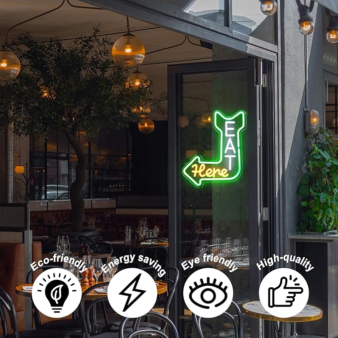 Eat Here Neon Sign Kitchen Neon Signs for Wall Decor with Arrow Guidance Green Orange White Eat Dimmable LED Sign Diner Neon Signs for Wall Bar Restaurant Kitchen Man Cave Decor-Ruum Studio Home