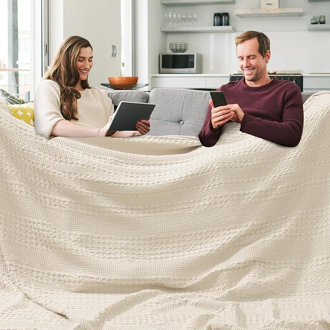 PHF 100% Cotton Waffle Blanket Oversized King 120"x120", Lightweight Breathable Extra Large 10'x10' Summer Blankets for Bed, Giant Big Luxury Aesthetic Woven Bedding for Home Decor, Undyed-Ruum Studio Home