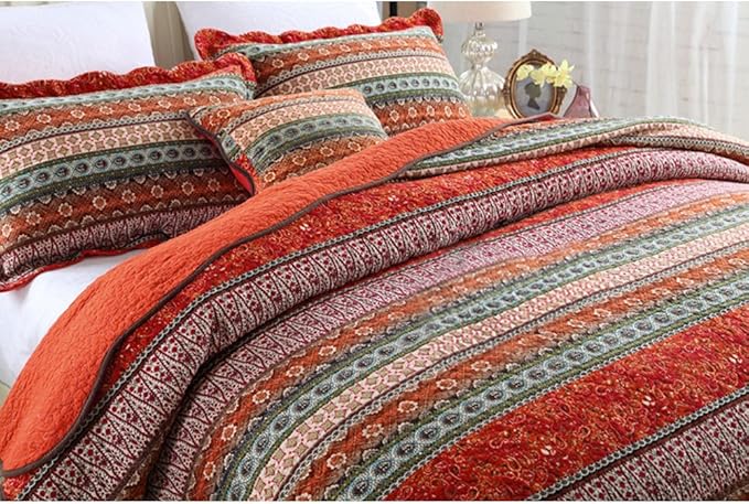 NEWLAKE Striped Classical Cotton 3-Piece Patchwork Bedspread Quilt Sets, King Size-Ruum Studio Home