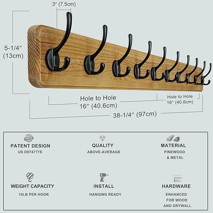 Dseap Coat Rack Wall: 38-1/4" Long, Patented, Heavy-Duty, 10-Double-Hooks Wooden Wall Mounted Coat Rack Coat Hanger Hook Rail for Winter Coats Hat Jacket Clothing, Weathered Brown, Pack of 2-Ruum Studio Home