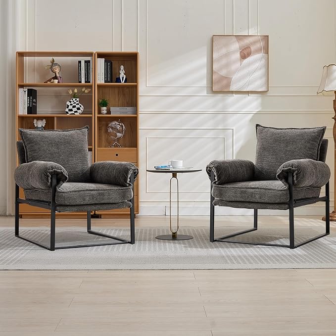 YISHENG Accent Chair with 6-Angle Adjustable Backrest, Chenille Fabric Living Room Chair Upholstered Lounge Chair, Modern Chair Cozy Reclining Chair for Reading Room, Set of 2 Gray-Ruum Studio Home