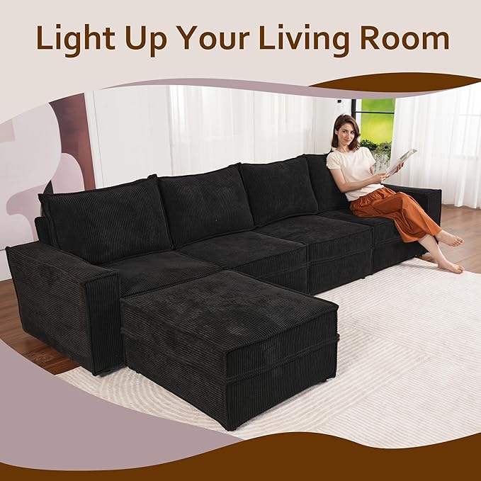 HOOOWOOO Modular Sectional Sofa Couch,Matching Free Combination Cloud Couch Left Arm Chair(Black Corduroy)-Ruum Studio Home