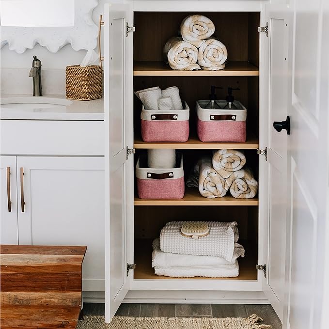 OrganiHaus Small Fabric Storage Baskets for Shelves 3 Pack, 12x8in Closet Storage Bins for Shelves, Cloth Baskets for Organizing, Linen Closet Organizers, Fabric Basket, Pink/White-Ruum Studio Home