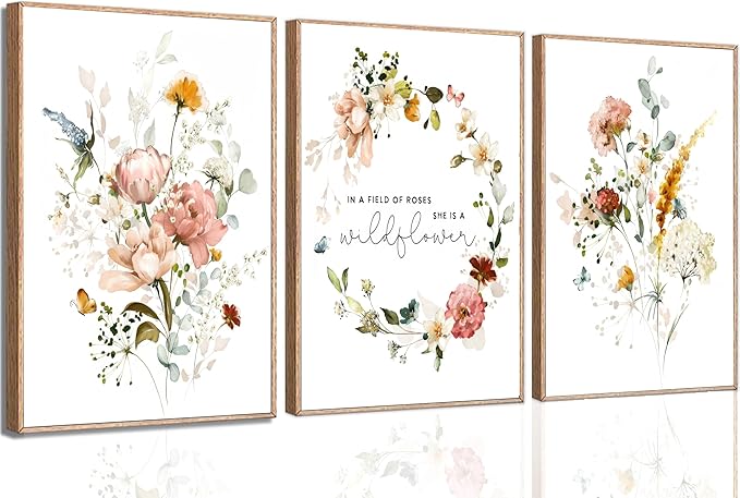 3Pcs Pink Flowers Canvas Wall Art In A Field Of Roses She Is A Wildflower Painting Picture Decor Watercolor Wreath Poster Print Artwork for Nursery living room Girls Room Home Decoration Unframed-Ruum Studio Home