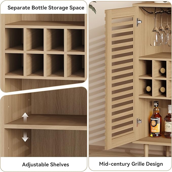 Mid Century Bar Cabinet with Wine Racks, Modern Liquor Cabinet with Slatted Doors for Dining Room, Living Room (Natural Color)-Ruum Studio Home
