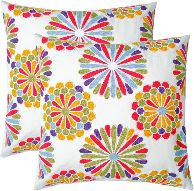 Embroidered Decorative Throw Pillow Cover, 18"x18" Set of 2, Farmhouse Pillowcase Colorful Knit Pattern Cotton Canvas Cushion Case Square Floral Pillow Case for Sofa Couch Bed Living Room-Ruum Studio Home