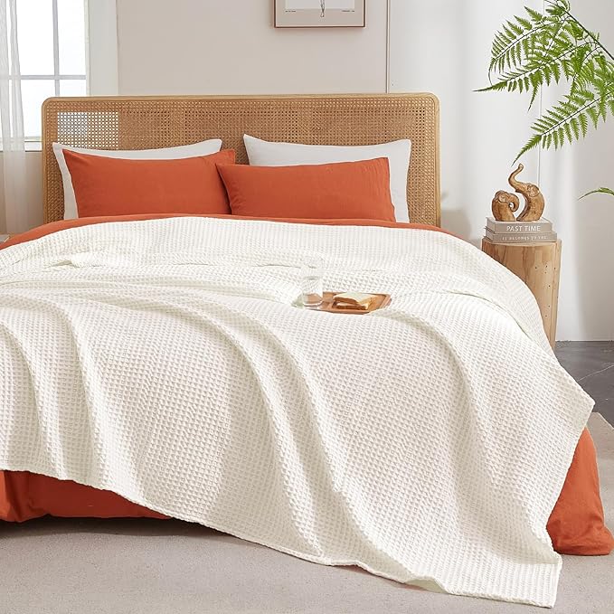 PHF Ultra Soft Waffle Weave Blanket Queen Size 90"x 90"- Washed Lightweight Breathable Cozy Woven Blanket for Bed - Aesthetic Decor for Couch Bedding Sofa Home Car - Coconut White-Ruum Studio Home