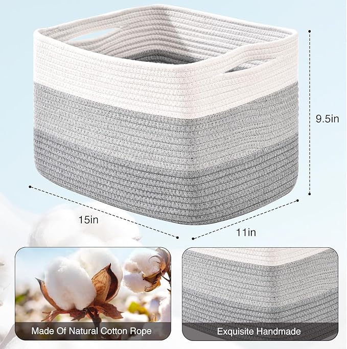 Storage Baskets for Organizing Shelves, Woven Cotton Rope Baskets for Storage Books Towels Toys, Organizing Baskets, Toy Basket for Nursery Bathroom, 15"x11"x9.5", 3 Packs, Gradient Grey-Ruum Studio Home