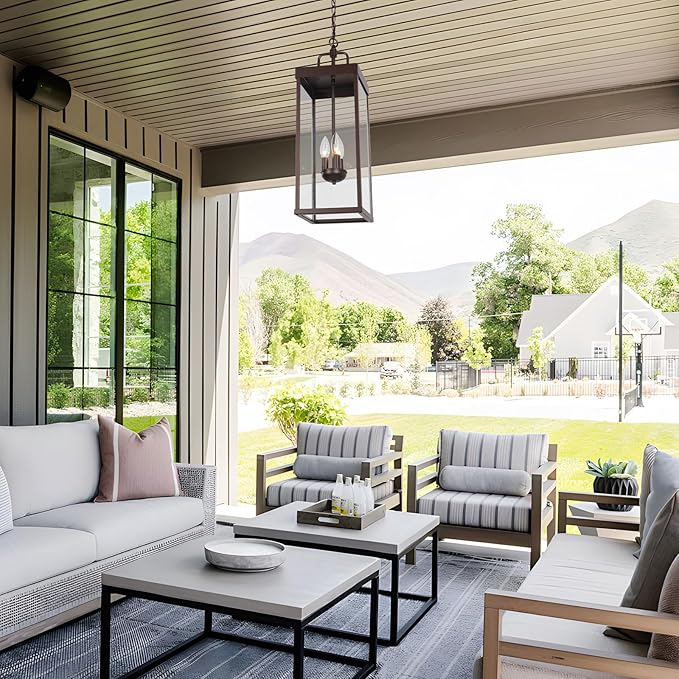 Large Outdoor Pendant Lantern Light Fixture for Front Porch, 24 Inch 3-Light Bronze Exterior Hanging Chandelier with Clear Glass, Outdoor Indoor Pendant Lamp for Patio, Gazebo, RZ008L-H ORB-Ruum Studio Home
