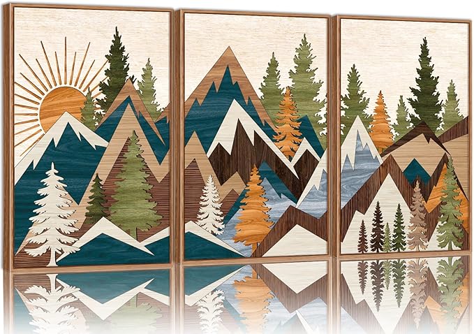 Tinonedraw Large Metal Mountain Framed Canvas Wall Art of 3, Boho Rustic Sunrise Forest Wall Decor, Modern Nature Country Artwork, Vintage Wilderness Art Print for Living Room Bedroom Office 16"x24"-Ruum Studio Home