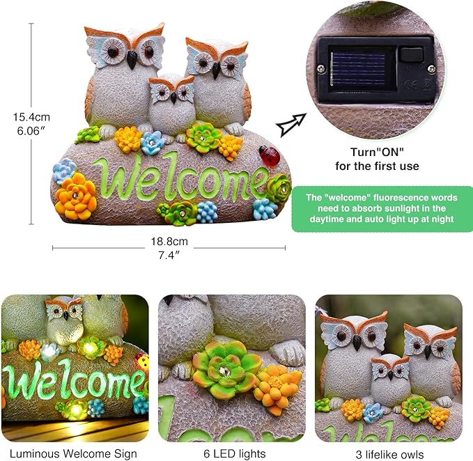 Nacome Solar Owl Statues for Garden Decor: Welcome Sign Outside Lawn for Patio/Balcony/Yard Art/Lawn Ornament House Warming Gifts for Mom/Women-Ruum Studio Home