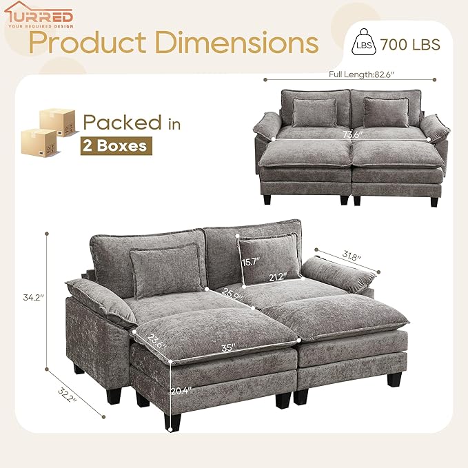 URRED Modular Sectional Sofa Comfy Cloud Couch, Modern Chenille Sofa Sleeper Deep Seat Couches with Ottoman/Pillows for Living Room (Gray, 82.6''- 2 Ottomans)-Ruum Studio Home