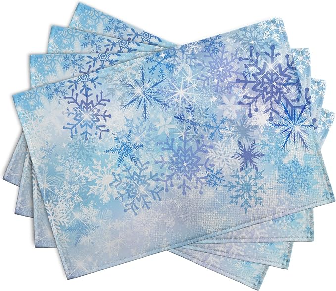 Blue Snowflake Winter Placemats Set of 4 Xmas Snow Place Mat Merry Christmas Linen Fabric Table Mats Washable Heat Resistant Placemat for Farmhouse Kitchen Dining Party Decoration-Ruum Studio Home