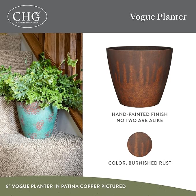 Classic Home and Garden Vogue Planter Pots w/Pottery Quality Finish - Modern Indoor & Outdoor Flower Pots - UV-Resistant Porch Planters - Decorative Pot for Flowers & Herbs (8” Burnished Rust)-Ruum Studio Home