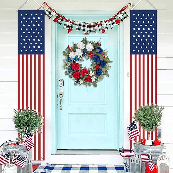 WANNA-CUL Patriotic Wreath Decorations, 24 Inch Rose 4th of July Wreaths for Front Door, Red White Blue Spring Door Wreath for Independence Day, Memorial Day for Indoor Outdoor Decor-Ruum Studio Home