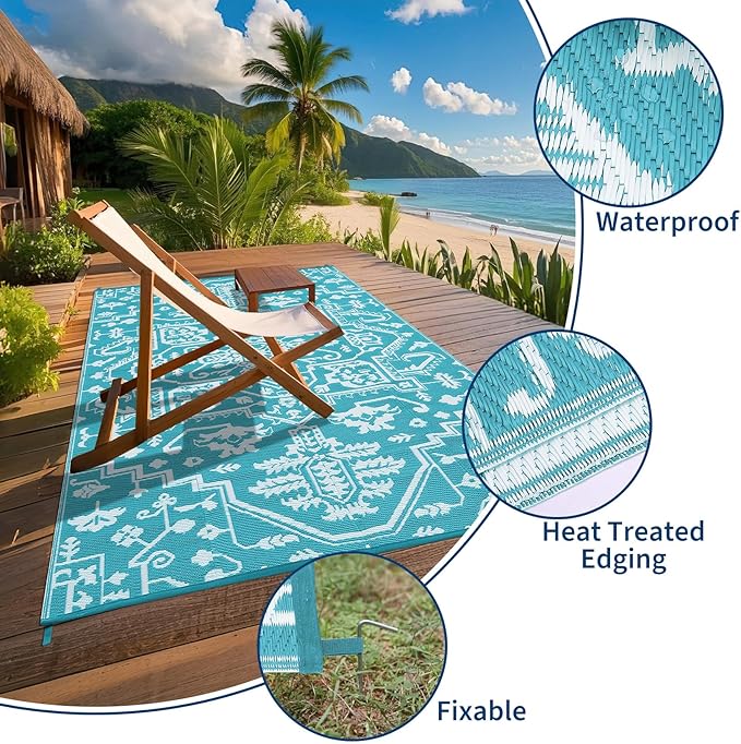 Outdoor Rug 8x10 Waterproof Reversible Plastic Straw Mat, UV-Resistant Vintage Medallion Camping Carpet for Patio, Deck, Balcony, Picnic, Large Outside Floor Mat, Light Blue/White-Ruum Studio Home