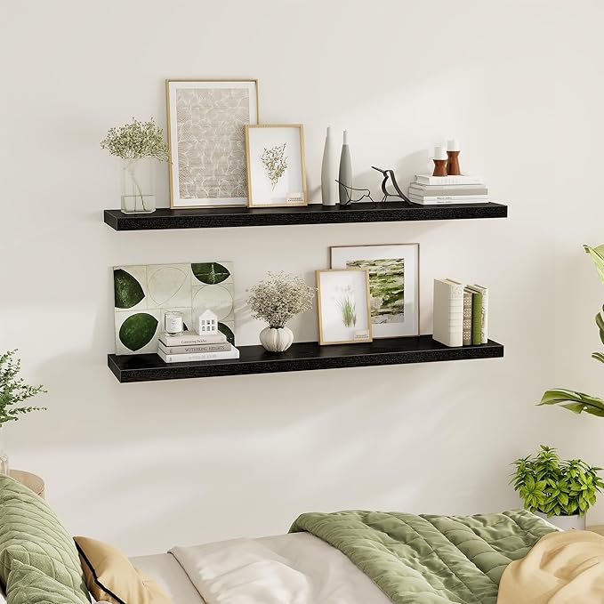Fun Memories 55 Inch Floating Shelves for Wall 2 Pack Shelves for Bedroom|Kitchen|Bathroom 55 x 9.3 Inch Wood Floating Shelf with Invisible Brackets for Books|Storage|Decor, Black-Ruum Studio Home