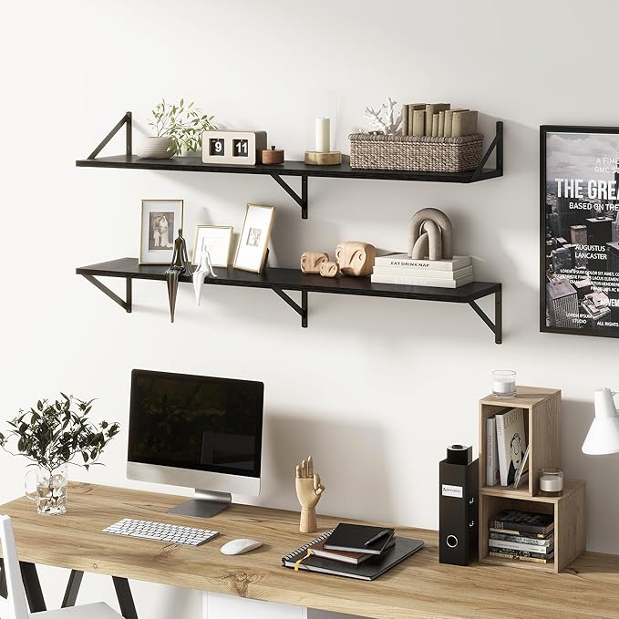 Floating Shelves 48 Inch Long, 10" Deep Floating Shelves, Black Wall Shelves 48 x 10, Set of 2, Wide Large Display Storage Shelves for Bathroom, Living Room, Rustic Wood Shelves with Brackets-Ruum Studio Home