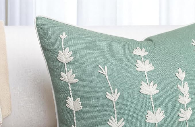 VAGMINE Hand Embroidered Daisy Accent Throw Pillow Cover - 20x20 Inches Square - 100% Cotton Light Teal Decorative Cushion Cover for Couch, Sofa, Bed - Textured Embroidery - Elegant Floral Home Décor-Ruum Studio Home