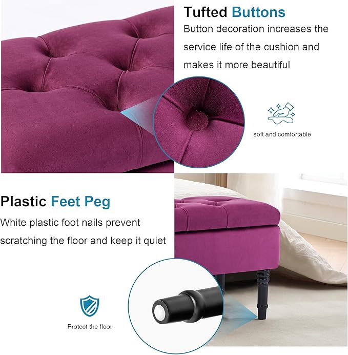 Ottoman with Storage Velvet Storage Bench Holds Up to 500 lbs Ottomans Upholstered Bench with Seating for Bedroom, Living Room, Purple-Ruum Studio Home