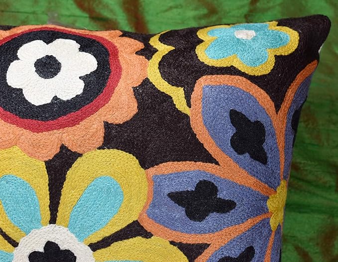 Modern Black Daisy Floral Pillow Cover Accent Flower Traditional Pillowcase Hand Embroidered Florals Couch Pillowsham Boho Outdoor Cushion Suzani Accent Pillow Wool 18x18 Inch-Ruum Studio Home