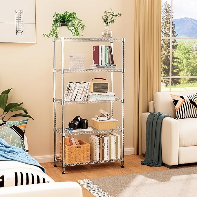 MZG 1750 lbs 5 Tier Storage Rack Metal Wire Shelving Unit, Storage Standing Household Shelf Organizer for Kitchen Pantry Closet Garage Basement Utility Room, Chrome 15.8" D x 45.3" W x 70.4" H-Ruum Studio Home