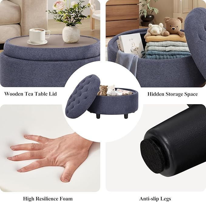 COLAMY Fabric Round Storage Ottoman with Reversible Tray Lid – Multi-Functional Footrest, Hidden Storage, Sturdy & Stylish Small Coffee Table for Living Room, Bedroom, or Entryway(Blue)-Ruum Studio Home