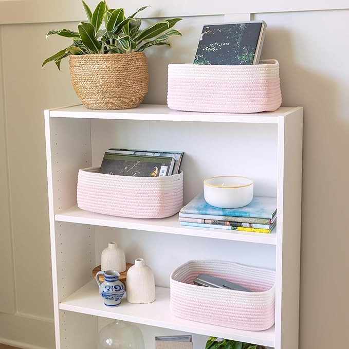 NaturalCozy 13.5”x8.5”x5.5” Rectangle Storage Baskets for Shelves 3 Pack | Cotton Rope Woven Small Baskets for Organizing | Small Storage Bins for Nursery, Bathroom, Closet, Shelf, Decorative-Ruum Studio Home