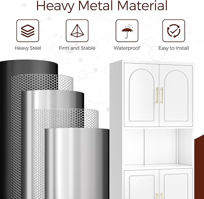 75" Tall Kitchen Pantry Storage Cabinet, Metal Storage Cabinets with 4 Doors and Adjustable Shelves，White Kitchen Hutch Cabinet with Microwave Stand, Large Cupboard for Dining Living Room-Ruum Studio Home
