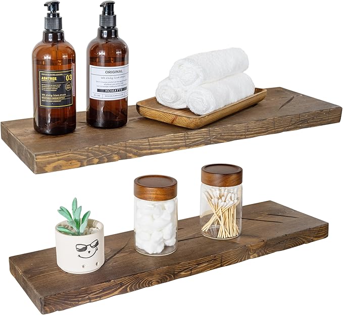 BGMG Floating Shelves 24 inch Long, Distressed,Wide Rustic Wooden Wall Shelves for Bathroom Living Room Bedroom Kitchen Farmhouse Set of 2-24x6.7x1.25 inch-Distressed Walnut-Ruum Studio Home