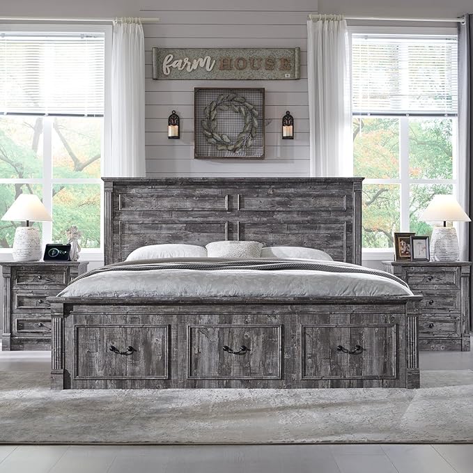 26" Tall Farmhouse Nightstand, 3 Drawers End Table w/Charging Station, 23.6" Wide Large Side Table w/Roman Column, Wood Rustic Sofa Table for Bedroom, Light Gray-Ruum Studio Home