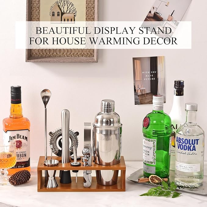 Bartender Kit Cocktail Shaker Set with Stand Bar Tool Bar Set for Drink Mixing Home Bartending Kit 17-Piece Bar Cart Accessories: Martini Shaker, Mixer Spoon, Jigger, Muddler, Strainer & Recipes Gifts-Ruum Studio Home