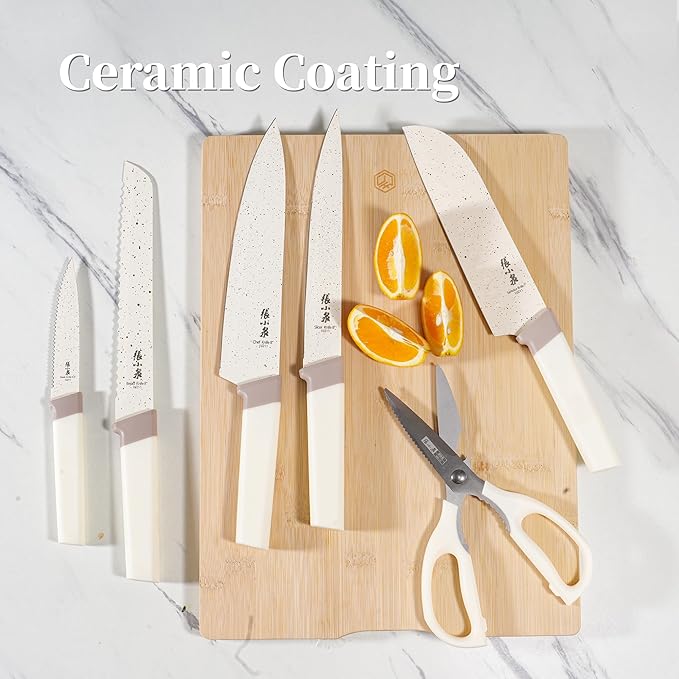 Zhang Xiao Quan Since 1628 15Piece Kitchen Knife Set,Knife Block Set with Ceramic-Coated Blade Ergonomic Handle(Cream)-Ruum Studio Home