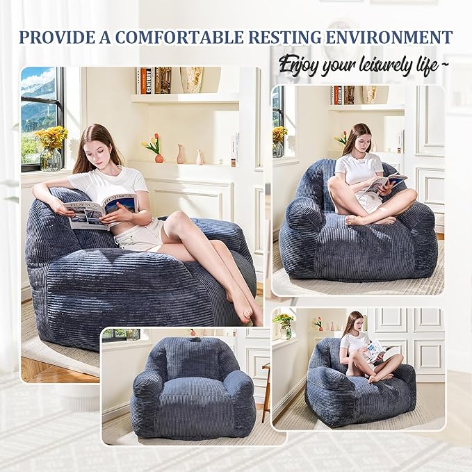 Giant Bean Bag Chair, Faux Fur Bean Bag Chair for Adults, Fluffy and Comfy Bean Bags with Filler, Big Bean Bag Sofa Chair for Reading, Gaming, Stuffed High-Density Foam, Grey-Ruum Studio Home