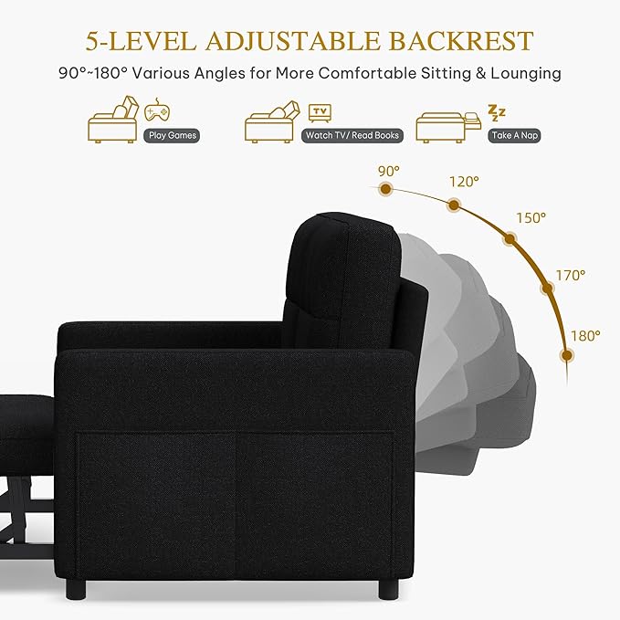 YITAHOME 55" Convertible Sofa Bed, 3-in-1 Sleeper Sofa with Iron Frame Pull-Out Bed, Linen Futon Couch with Reclining Backrest and Side Pocket, Modern Loveseat for Living Room Bedroom Apartment, Black-Ruum Studio Home