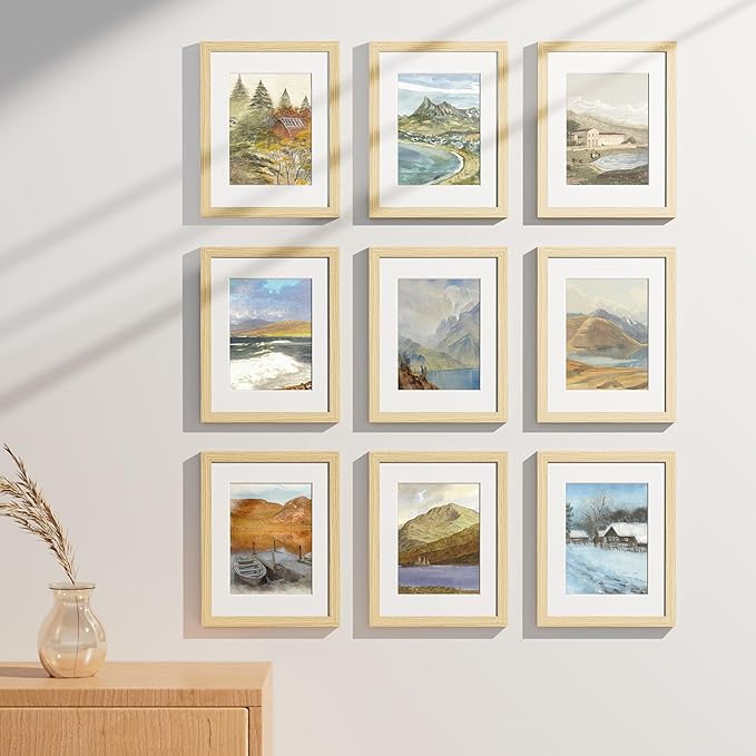 Vittanly 8.5x11 Picture Frames Set of 9, Shatter Resistant Plexiglass, Display 6x8 Pictures with Mat or 8.5x11 without Mat, Photo Frames for Wall or Tabletop, Engineered Wood, OAK-Ruum Studio Home