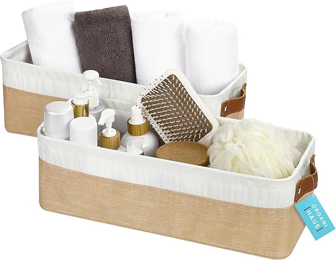 OrganiHaus Narrow Storage Bins 15x06in, Small Closet Bins for Shelves, Bathroom Storage Baskets for Shelves, Narrow Baskets, Fabric Organizer with Handles, Toilet Paper Organizer - 2 Pack, Beige-Ruum Studio Home