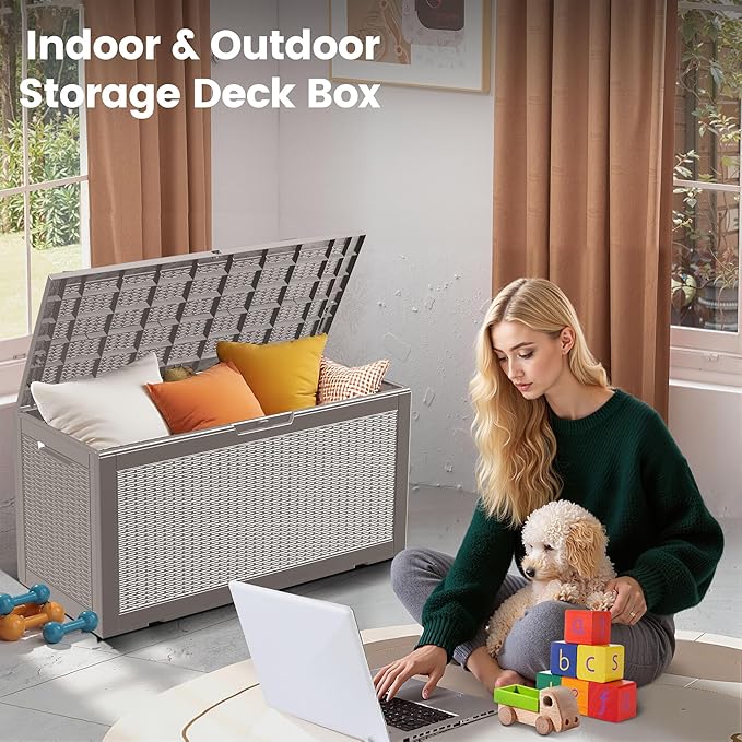 100 Gallon Storage Box, Waterproof Resin Deck Box with Hydraulic Piston Design, Lockable Storage Bench for Package Delivery, Storage Bin for Patio Cushions, Garden Tools, Grey-Ruum Studio Home
