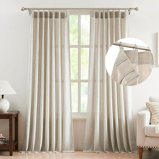 FMFUNCTEX Pinch Pleated Curtains 84 Inches Long for Living Room, Beige Semi Sheer Faux Linen Textured Pleat Drapes for Bedroom with Hooks, Light Filtering Neutral Farmhouse Window Drapes 2 Panels-Ruum Studio Home