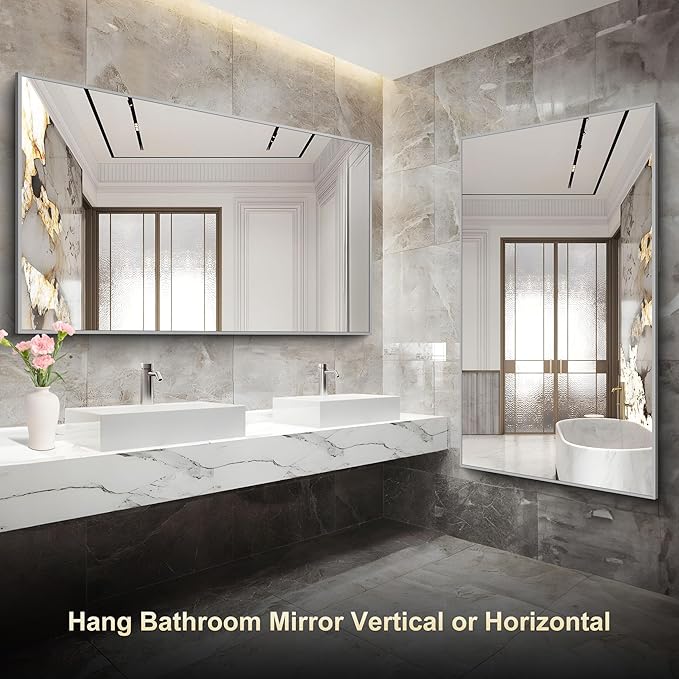 36x60inch Brushed Nickel Bathroom Mirror, Silver Rectangle Mirror with Frame, Large Rectangular Wall Mirrors for Bathroom, Living Roomm, Hair Salon, Big Mirror Hang Horizontal/Vertical-Ruum Studio Home
