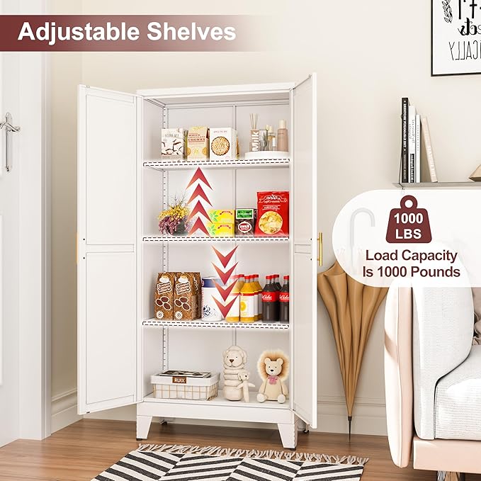 Metal Pantry Cabinet with 2 Doors and Adjustable Shelves, Kitchen Storage cabinets with Gold Handles, Versatile Storage for Laundry/Living Room,Bathroom,Dinning Room-White-Ruum Studio Home