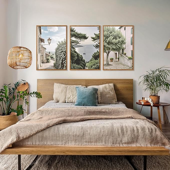 Aurlan Neutral Italy Cityscape Gallery Framed Wall Art(16"x24"), 3PCS Vintage Mediterranean Countryside Landscape Canvas Artwork, Large Town Coast Streets Travel Decor Prints for Office Home-Ruum Studio Home