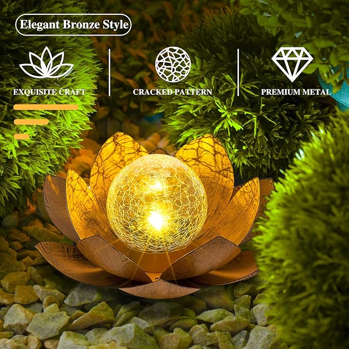 Solar Light Outdoor(2Pack), Art Crackle Globe Glass Lotus Decoration, Solar LED Waterproof Metal Flower Lights for Patio,Lawn,Walkway,Tabletop-Ruum Studio Home