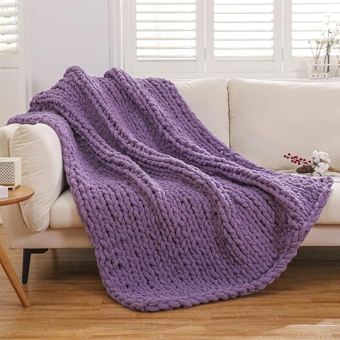 WESHIONGOO Chunky Knit Blanket Throw Knitted Throw Blankets for Couch Bed Fluffy Soft Blanket with Jumbo Chenille Yarn Thick 100% Handmade (Purple, 50"×60")-Ruum Studio Home