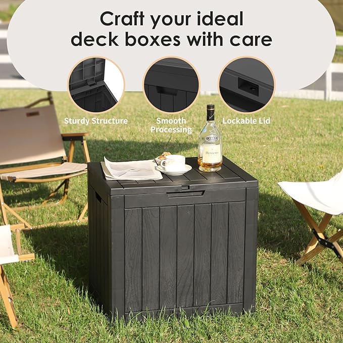 35 Gallon Lockable Resin Deck Box, Waterproof & UV-Resistant Outdoor Storage Box for Outdoor Cushion Storage, Garden Tools & Pool Accessories Storage, Black-Ruum Studio Home