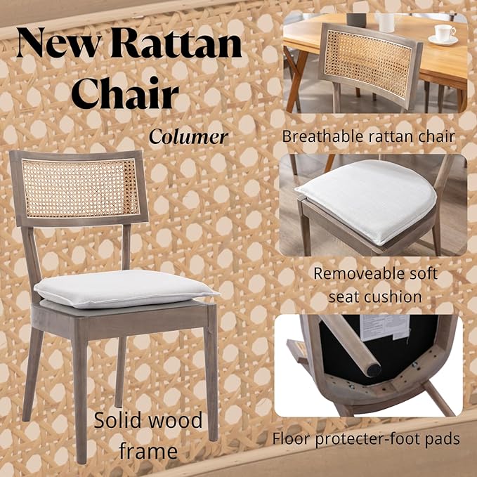 Rattan Dining Chairs Set Of 2 , Mid Century Modern Upholstered Cane Back Chairs with Removable Linen Cushion , Retro Farmhouse Natural Wooden Kitchen & Dining Room Chairs for Restaurant Living Room-Ruum Studio Home