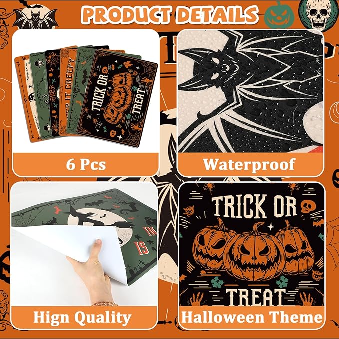 Halloween Placemats Set of 6 Gothic Bat Plastic Table Mats Pumpkin Witch Skull Ghost Halloween Place Mats Washable Vinyl Rustic Table Decoration for Indoor Outdoor Party Kitchen Dining-Ruum Studio Home
